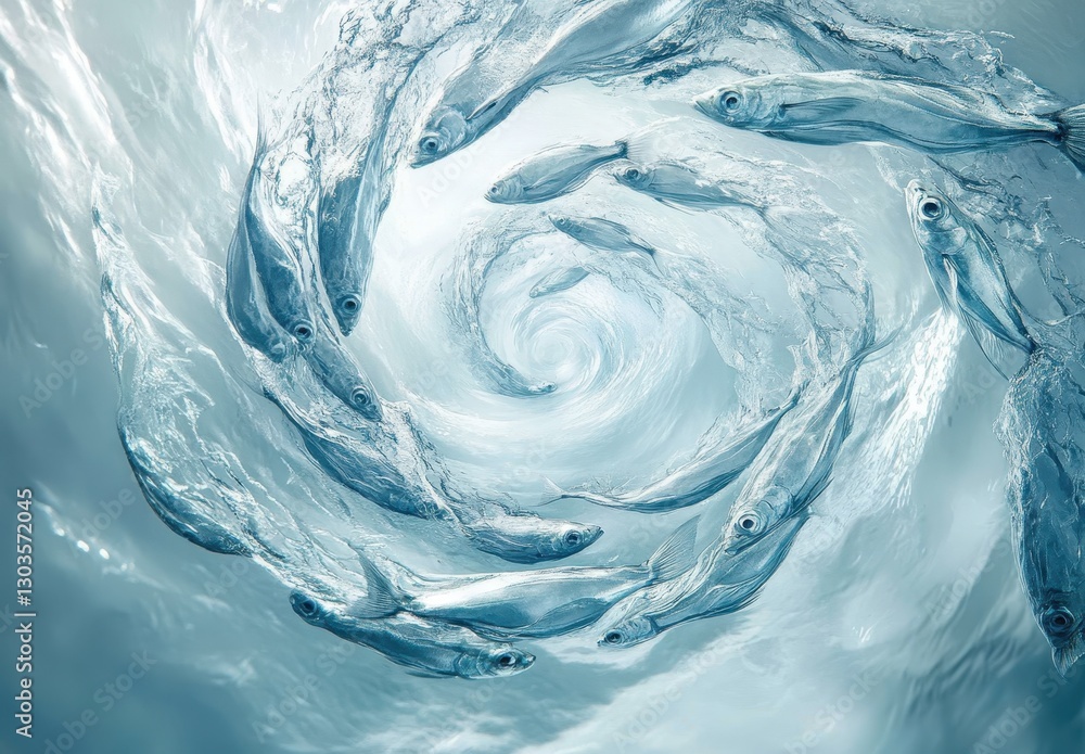 Poster swirling school of fish creating a dynamic circular motion in clear ocean water under soft lighting 