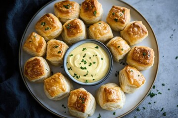 Savory puff pastry bites with cheese dip on gray plate garnished with parsley