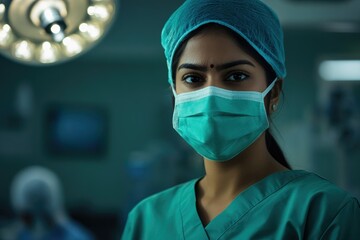 Female doctor in mask and scrubs looking at camera, operating room setting.
