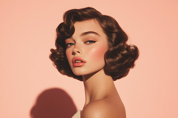 Vintage Glamour: A stylish portrait of a beautiful woman with retro waves and rosy makeup against a soft peach background. Classic beauty at its finest.