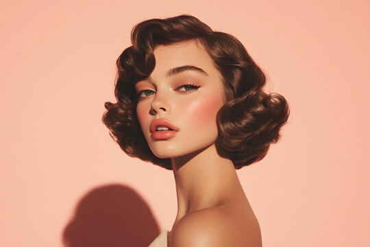 Vintage Glamour: A stylish portrait of a beautiful woman with retro waves and rosy makeup against a soft peach background. Classic beauty at its finest.