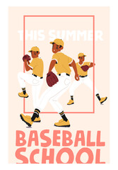 Baseball school for children on summer holiday vacation time advertising poster vector illustration