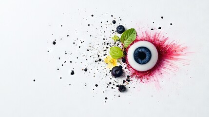   An eye-like dish made from blueberries and topped with red and green leaves