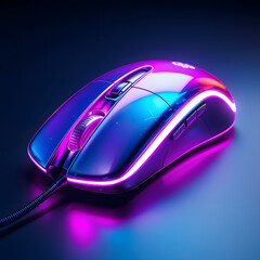 A three-dimensional wired gaming mouse with an iridescent metallic finish. Dark black background. computer mouse on blue background.