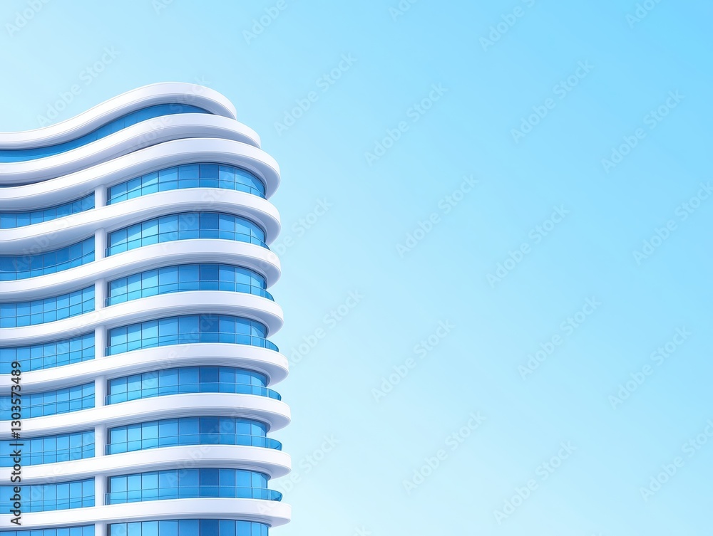 Poster modern architectural design of a wave-patterned building against a clear sky