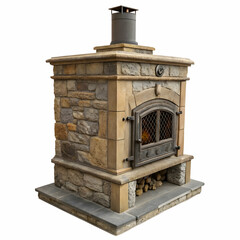 Stone Fireplace with Burning Fire on Transparent Background