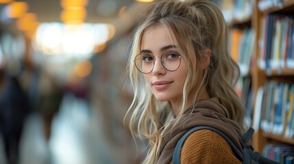 A thoughtful young woman with blonde hair and glasses in a brown sweater standing in a bright library with bookshelves