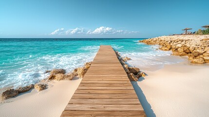 Naklejka premium Tropical wooden pier leading to turquoise sea, sunny beach, resort in background