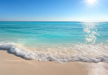 Tranquil Beach Scene with Gentle Waves and Crystal Clear Water Under a Bright Blue Sky with Shimmering Sunrays Illuminating the Sandy Shoreline