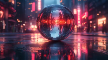 A reflective glass sphere on a wet surface captures an inverted futuristic city street with bright neon signs and blurred figures, creating a cyberpunk atmosphere.