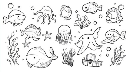 Cute underwater cartoon drawing, outline sea creatures, children's coloring book