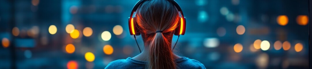Back View of a Woman Wearing Glowing Headphones at Night. Generative AI