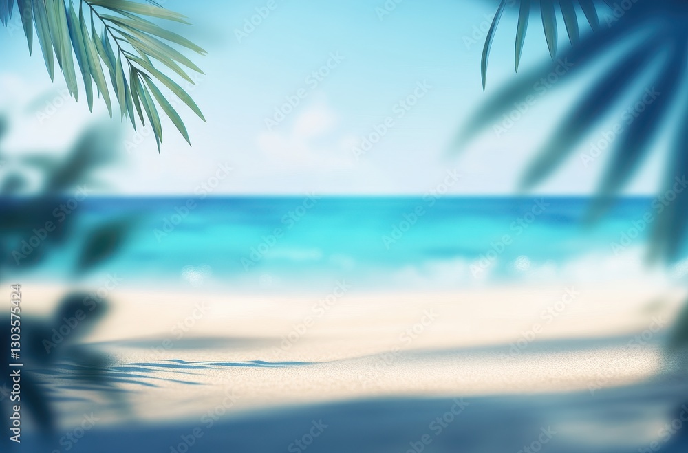 Poster tranquil beach scene with soft focus on waves and palm leaves gently framing the seaside in a serene