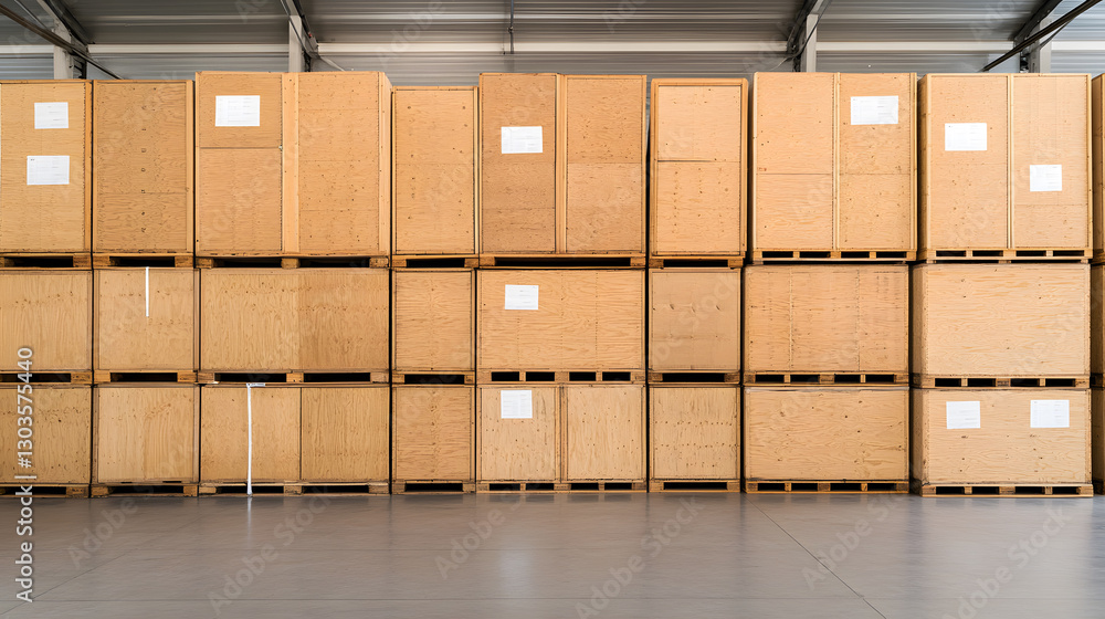 Poster warehouse storage: rows of stacked wooden crates on pallets, providing efficient storage solutions f