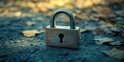 Fototapeta premium Key and lock sitting on a leafy pavement. Autumnal, textured image.