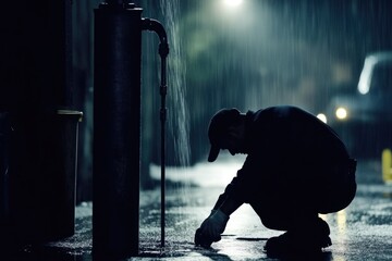 Silhouette of a male worker fixing a pipe at night in the rain