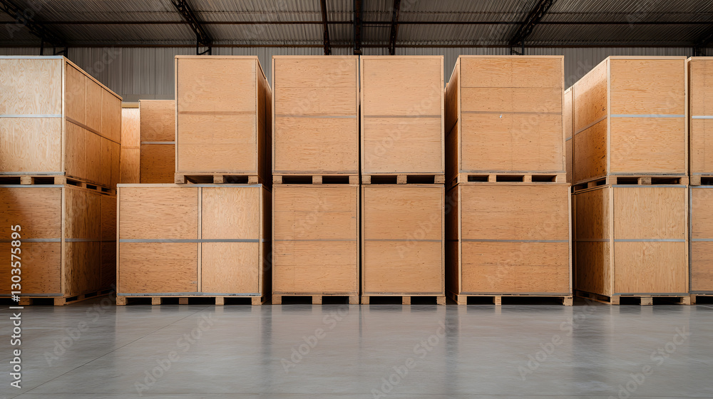 Poster rows of wooden crates. stacked on pallets in a warehouse, ready for shipping and storage. reflective