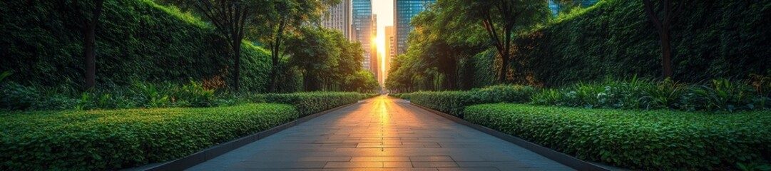 Obraz premium Serene Green Urban Walkway with Lush Vegetation and City Skyline at Sunset. Generative AI