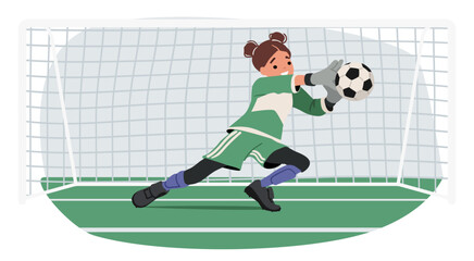 Preschool girl goalkeeper little football player cartoon character catching soccer ball inside gate