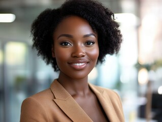 Obraz premium Professional woman smiling, wearing business attire.