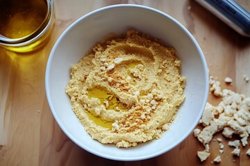 Delicious Creamy Homemade Hummus Bowl Garnish Olive Oil Crunchy Topping Healthy Mediterranean Food Recipe  Preparation Cooking  Appetizer Snack Dish  