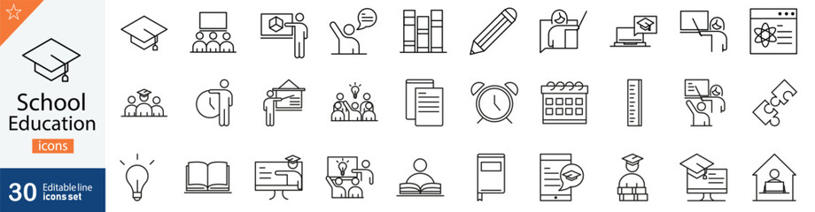 School Education Line Icons Set. Collection of 30 outline icons representing learning, teaching, academic subjects, classroom activities, and student life. Editable stroke . vector illustration.