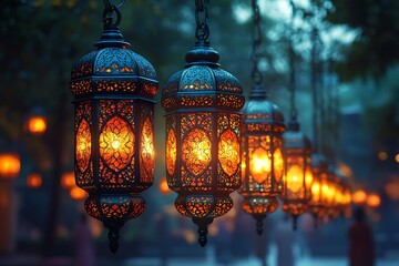 Ornate Hanging Lanterns Glowing in a Misty Twilight Setting

