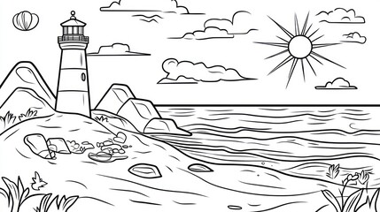 Coastal Lighthouse Scene, Coloring Page, Peaceful Landscape