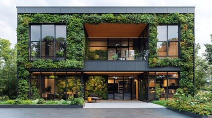 Fototapeta premium Biophilic Building with Lush Greenery on the Facade. Generative AI