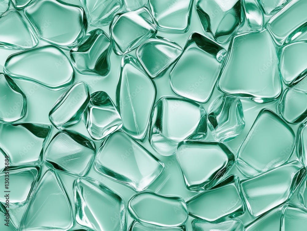 Poster close-up view of translucent green glass pieces scattered on a surface, creating an artistic texture