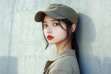 A young woman in a chic outfit, wearing a camouflage cap and leaning against a plain wall. Her gaze is directed off to the side, adding a sense of contemplation or waiting.