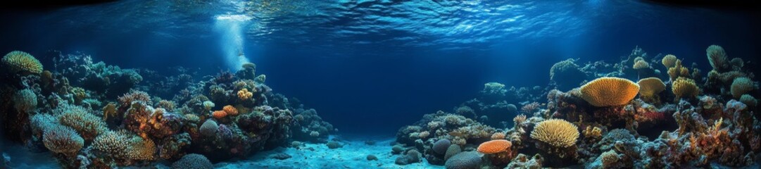Fototapeta premium A tranquil and vibrant coral reef scene glowing under the water filled with colorful corals and fish swimming in harmony. Generative AI