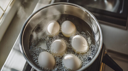 Eggs boiling in pan top view