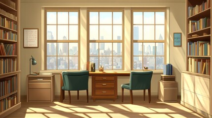 Fototapeta premium Cozy study room with city view, ideal for work or study
