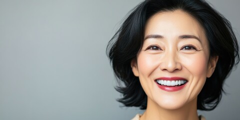 Naklejka premium Asian woman with dark hair and red lipstick, wearing a light pink blouse with a grey background. The photo has a vintage filter overlaying it.