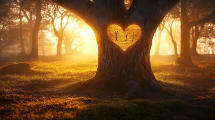 Romantic Heart Carving in a Tranquil Forest at Dusk