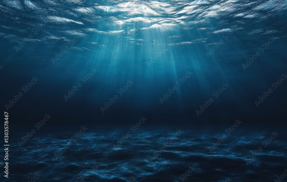 Poster tranquil depths of ocean water illuminated by sunlight with soft rays peeking through calm sea surfa