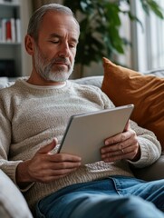 An older man enjoying some leisure time on his tablet, possibly reading an e-book or browsing the internet.