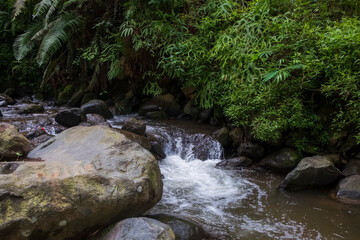 Large stones on the edge of a clear flowing river.Large stones on the edge of a clear flowing river. Stones for advertising product placement. Sustainable green environmental concept. For banner backg