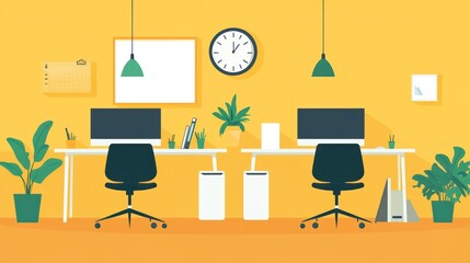 Modern Yellow Office Workspace, Two Desks