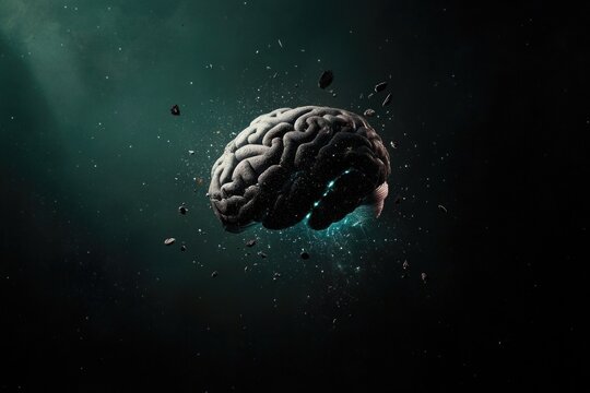 Futuristic digital brain exploding in space with particles and neon highlights