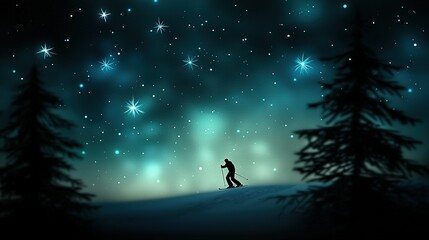 Fototapeta premium A man skiing down a snowy mountain at night under a starry sky and full moon