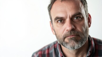 Obraz premium Serious Mature Man Portrait with Plaid Shirt on White Backdrop