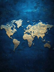 Gold foil world map on dark background with star-like texture.