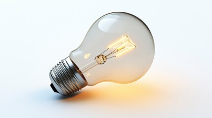 Illuminated Light Bulb with Glowing Filament on a White Surface