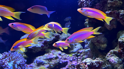 Obraz premium A school of neon-colored fish swimming in perfect harmony near a coral wall