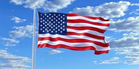 Obraz premium Flag of the United States of America fluttering in breeze against blue sky.