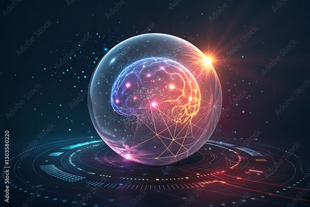 Poster futuristic ai brain hologram inside a digital sphere with neural connections, cyberpunk high-tech sc