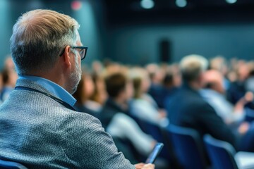 Fototapeta premium Middle aged man with beard attentively listening at a conference. Blurred background of other conference attendees.