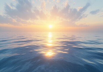Obraz premium Tranquil Ocean Sunrise with Soft Clouds and Golden Sunlight Reflecting on Calm Water Surface in Serene Nature Scene